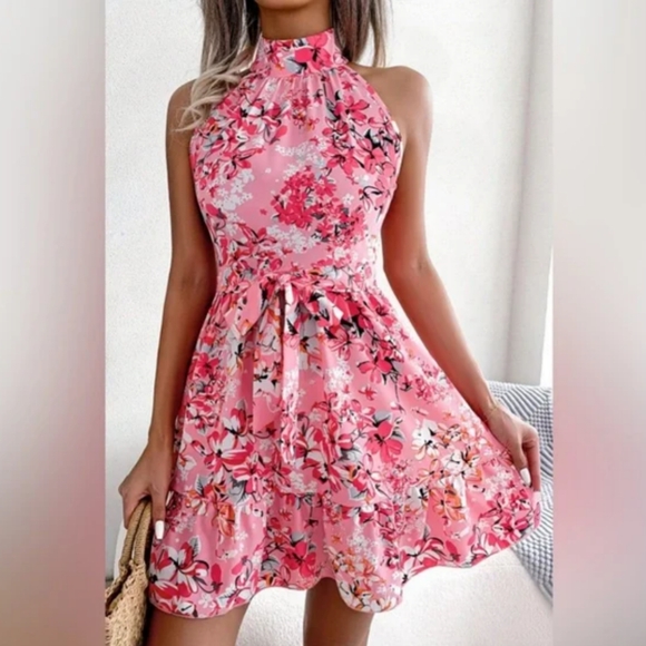 None Dresses & Skirts - Spring Summer Dress Pink Floral Halter Neck Sleeveless A Line Ruffled Hem